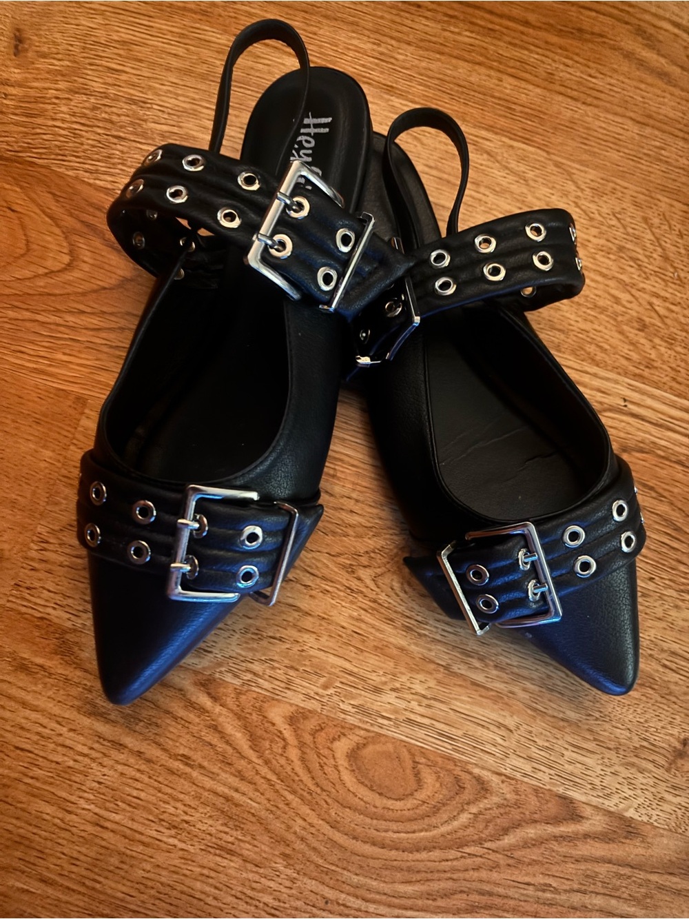 Corkys Black Pointed Slingback Flats with Grommet Straps